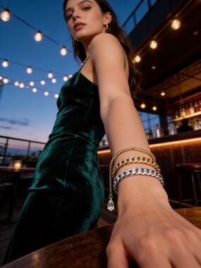 Mixed Metal Chain Bracelet Set with Charm - Gold & Silver